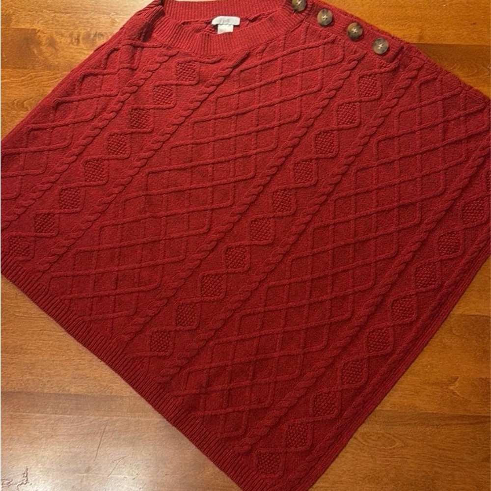 J. Jill Red Cable-Knit Poncho with Button Shoulder